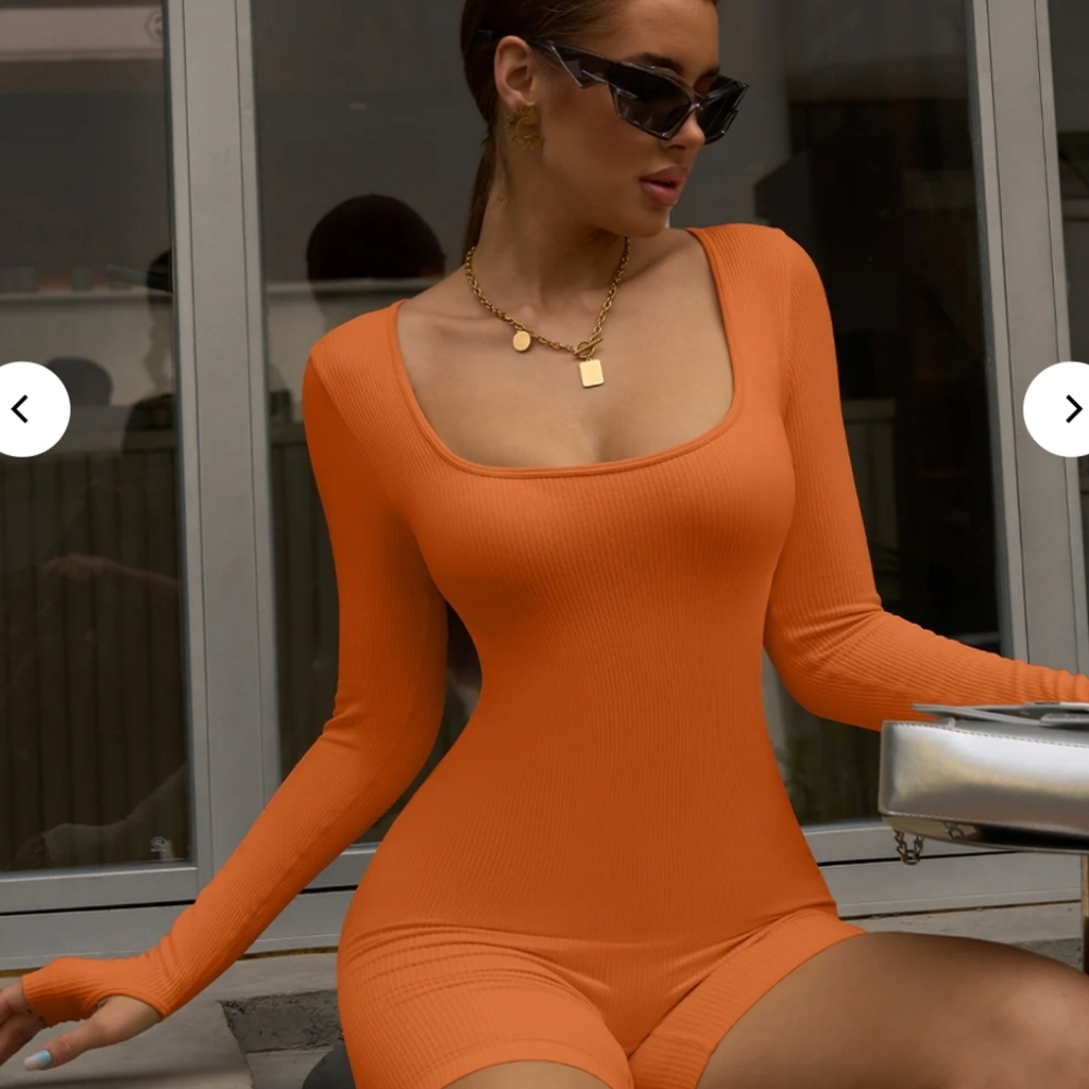 OQQ Seamless Yoga Romper Long Sleeve Ribbed Onesie Rust Orange Athleisure M